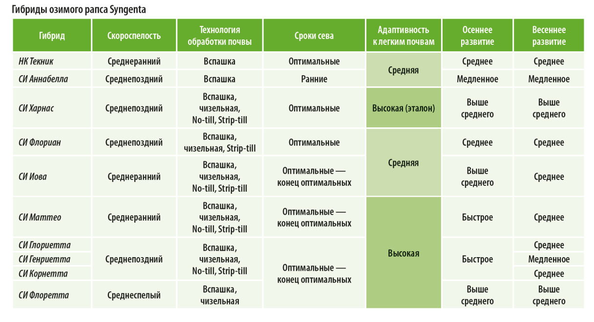 Гибриды озимого рапса Syngenta. Таблица 1