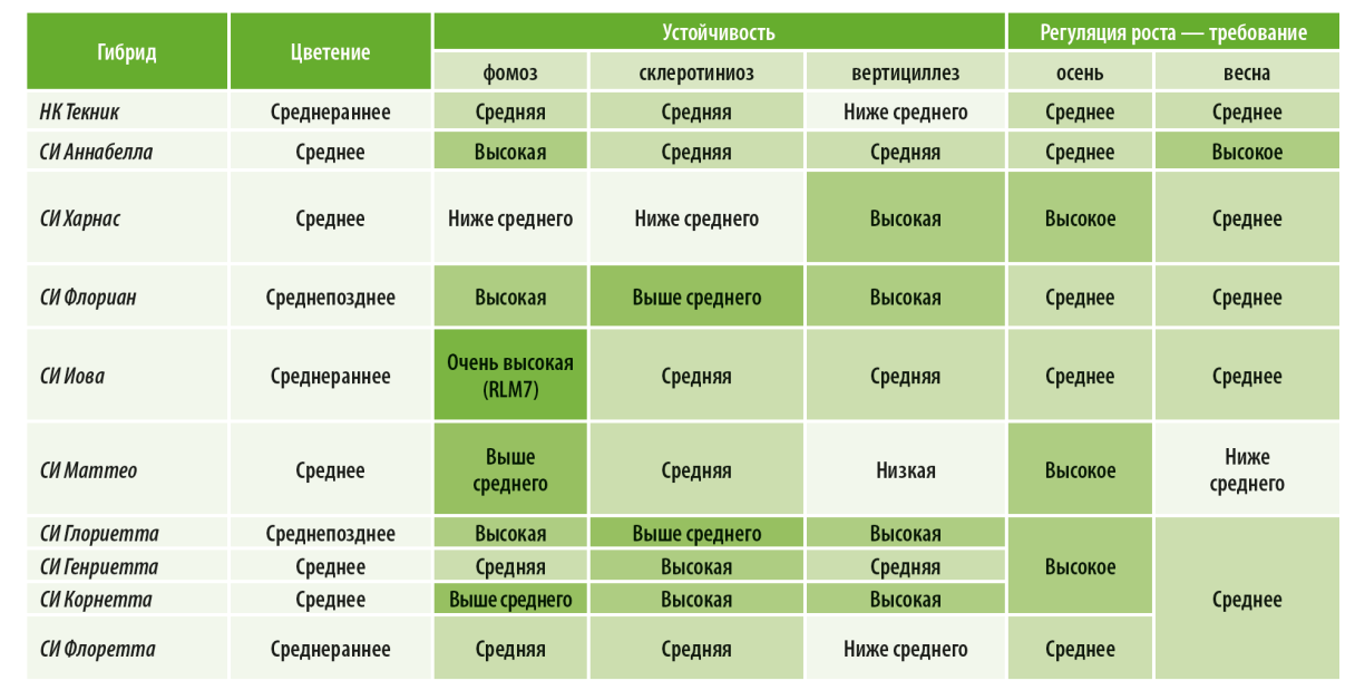 Гибриды озимого рапса Syngenta. Таблица 2