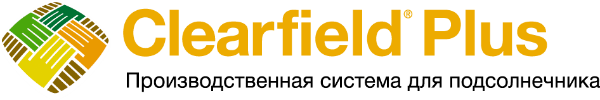Логотип Clearfield Plus с круглым значком и оранжевым текстом на чёрном фоне